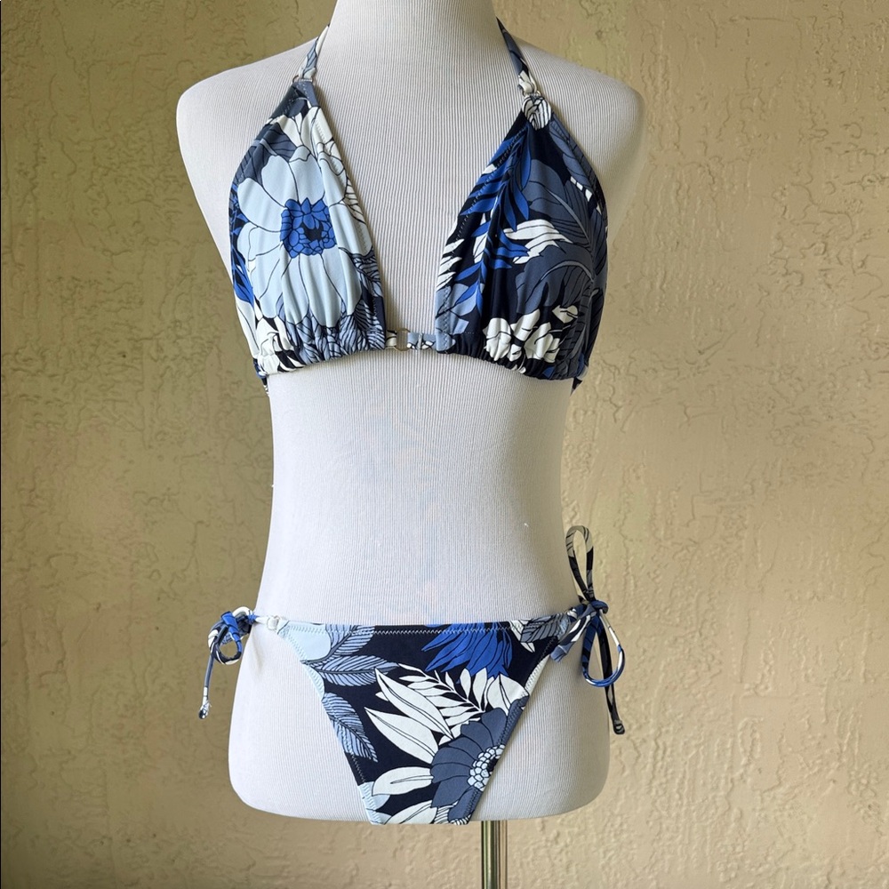 aerie Blue and White Floral Halter Tie-Side Bikini